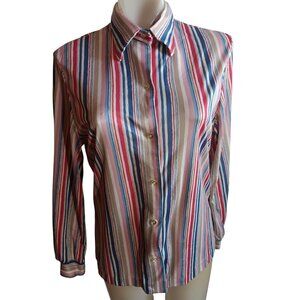 Women's Medium Vintage 1970's Fuss Striped Button-Up Shirt Stretch Polyester